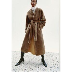 ZARA ZW COLLECTION Long Faux Fur Teddy Coat Jacket with Belt Brown Size Large
